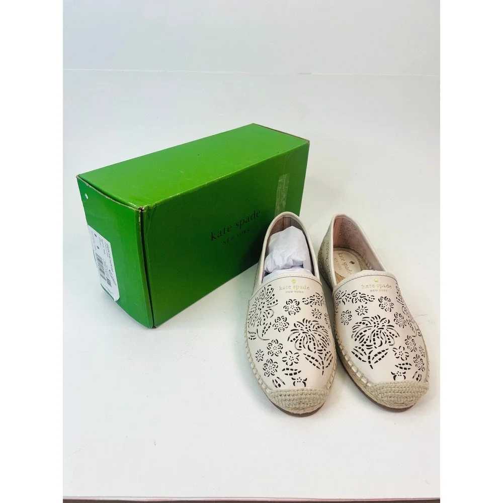 Kate Spade Gwen‎ Floral Flutter Espadrille Flats Parchment Leather Womens 8B